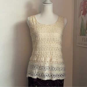 Vintage Y2K Lace Tank Top Cream Semi Sheer Bohemian Feminine Coquette Romantic M